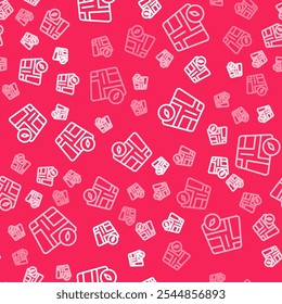 White line Map pointer with taxi car icon isolated seamless pattern on red background. Location symbol.  Vector