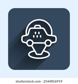 Linha branca Ponteiro de mapa com ícone de táxi isolado com fundo de sombra longa. Símbolo de localização. Botão quadrado azul. Vetor