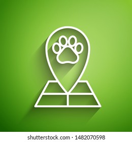 White line Map pointer with veterinary medicine hospital, clinic or pet shop for animals icon isolated on green background. Veterinarian clinic.  Vector Illustration