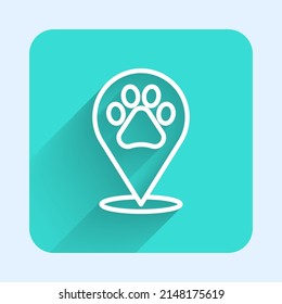 White line Map pointer with veterinary medicine hospital, clinic or pet shop for animals icon isolated with long shadow. Vet or veterinarian clinic. Green square button. Vector