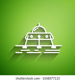 White line Mars rover icon isolated on green background. Space rover. Moonwalker sign. Apparatus for studying planets surface.  Vector Illustration