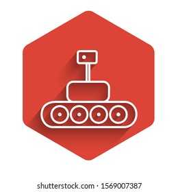 White line Mars rover icon isolated with long shadow. Space rover. Moonwalker sign. Apparatus for studying planets surface. Red hexagon button. Vector Illustration