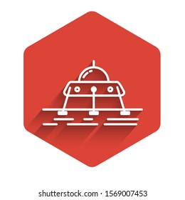 White line Mars rover icon isolated with long shadow. Space rover. Moonwalker sign. Apparatus for studying planets surface. Red hexagon button. Vector Illustration
