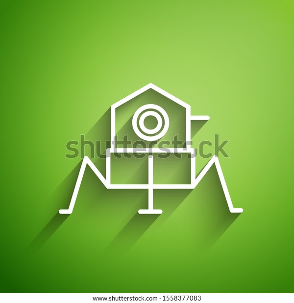 White line Mars rover icon isolated on green\
background. Space rover. Moonwalker sign. Apparatus for studying\
planets surface.  Vector\
Illustration