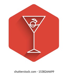White line Martini glass icon isolated with long shadow. Cocktail icon. Wine glass icon. Red hexagon button. Vector Illustration
