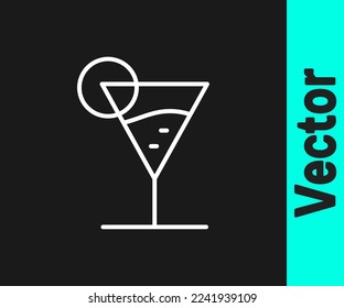 White line Martini glass icon isolated on black background. Cocktail icon. Wine glass icon.  Vector Illustration