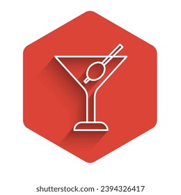 White line Martini glass icon isolated with long shadow. Cocktail icon. Wine glass icon. Red hexagon button. Vector