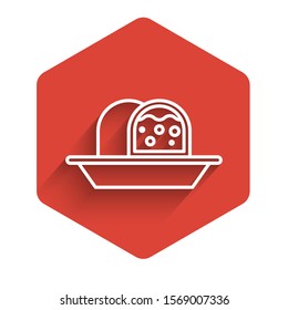 White line Marzipan sponge cake icon isolated with long shadow. Merry Christmas and Happy New Year. Red hexagon button. Vector Illustration