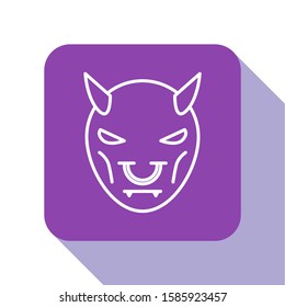 White line Mask of the devil with horns icon isolated on white background. Purple square button. Vector Illustration