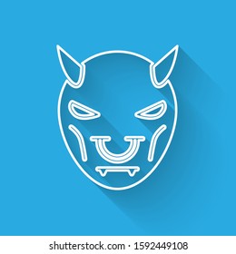 White line Mask of the devil with horns icon isolated with long shadow.  Vector Illustration