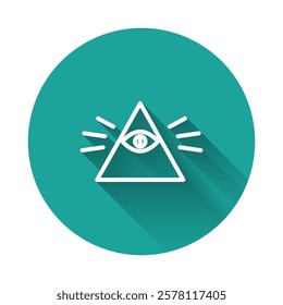 White line Masons symbol All-seeing eye of God icon isolated with long shadow. The eye of Providence in the triangle. Green circle button. Vector Illustration