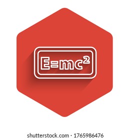 White line Math system of equation solution icon isolated with long shadow. E equals mc squared equation on computer screen. Red hexagon button. Vector