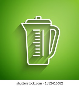 White line Measuring cup to measure dry and liquid food icon isolated on green background. Plastic graduated beaker with handle.  Vector Illustration
