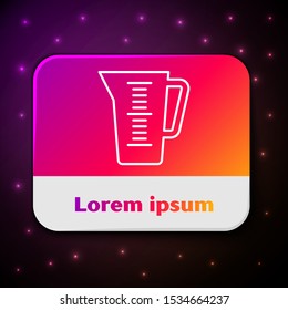 White line Measuring cup to measure dry and liquid food icon isolated on black background. Plastic graduated beaker with handle. Rectangle color button. Vector Illustration