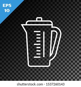 White line Measuring cup to measure dry and liquid food icon isolated on transparent dark background. Plastic graduated beaker with handle.  Vector Illustration