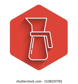 White line Measuring cup to measure dry and liquid food icon isolated with long shadow. Plastic graduated beaker with handle. Red hexagon button. Vector Illustration