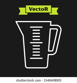 White line Measuring cup to measure dry and liquid food icon isolated on black background. Plastic graduated beaker with handle.  Vector Illustration