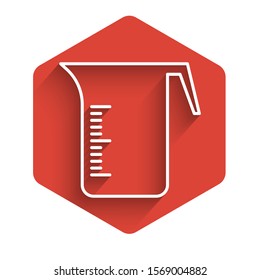 White line Measuring cup to measure dry and liquid food icon isolated with long shadow. Plastic graduated beaker with handle. Red hexagon button. Vector Illustration