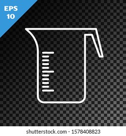 White line Measuring cup to measure dry and liquid food icon isolated on transparent dark background. Plastic graduated beaker with handle.  Vector Illustration