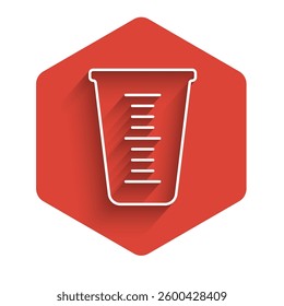 White line Measuring cup to measure dry and liquid food icon isolated with long shadow. Plastic graduated beaker with handle. Red hexagon button. Vector