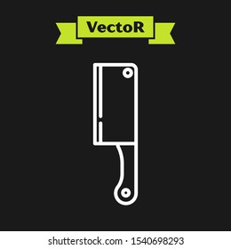 White line Meat chopper icon isolated on black background. Kitchen knife for meat. Butcher knife.  Vector Illustration