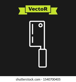 White line Meat chopper icon isolated on black background. Kitchen knife for meat. Butcher knife. Happy Halloween party.  Vector Illustration