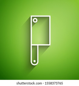 White line Meat chopper icon isolated on green background. Kitchen knife for meat. Butcher knife.  Vector Illustration