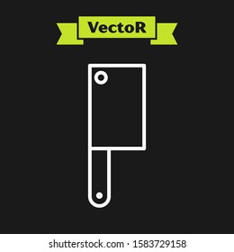 White line Meat chopper icon isolated on black background. Kitchen knife for meat. Butcher knife.  Vector Illustration