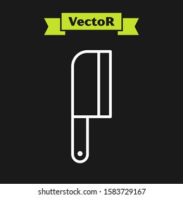 White line Meat chopper icon isolated on black background. Kitchen knife for meat. Butcher knife.  Vector Illustration