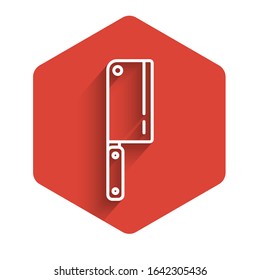 White line Meat chopper icon isolated with long shadow. Kitchen knife for meat. Butcher knife. Red hexagon button. Vector Illustration