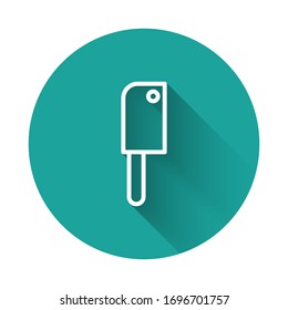 Icono del helicóptero de carne aislado con una sombra larga. cuchillo de cocina para carne. cuchillo carnicero. Botón de círculo verde. Ilustración vectorial