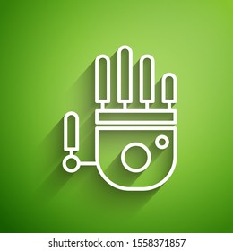 White line Mechanical robot hand icon isolated on green background. Robotic arm symbol. Technological concept.  Vector Illustration