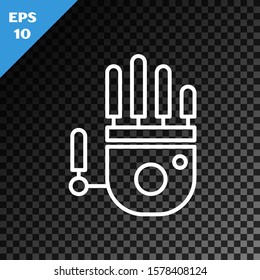White line Mechanical robot hand icon isolated on transparent dark background. Robotic arm symbol. Technological concept.  Vector Illustration