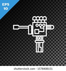 White line Mechanical robot hand and screwdriver tool icon isolated on transparent dark background. Robotic arm symbol. Technological concept.  Vector Illustration