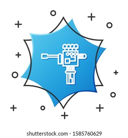 White line Mechanical robot hand and screwdriver tool icon isolated on white background. Robotic arm symbol. Technological concept. Blue hexagon button. Vector Illustration