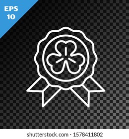 White line Medal with four leaf clover icon isolated on transparent dark background. Happy Saint Patrick day.  Vector Illustration