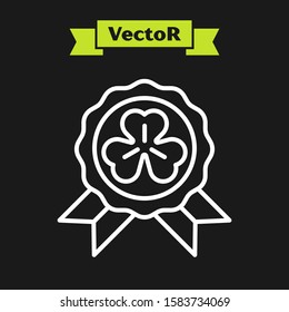 White line Medal with four leaf clover icon isolated on black background. Happy Saint Patrick day.  Vector Illustration