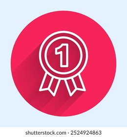 White line Medal icon isolated with long shadow background. Winner symbol. Red circle button. Vector