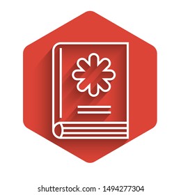 White line Medical book icon isolated with long shadow. Red hexagon button. Vector Illustration
