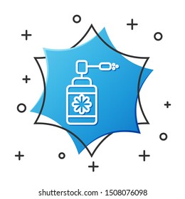 White line Medical bottle with nozzle spray for the treatment of diseases of the nose and throat icon isolated on white background. Blue hexagon button. Vector Illustration