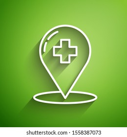 White line Medical map pointer with cross hospital icon isolated on green background.  Vector Illustration