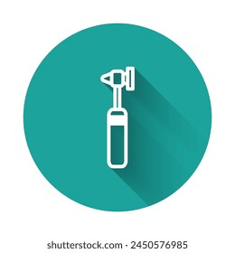 White line Medical otoscope tool icon isolated with long shadow. Medical instrument. Green circle button. Vector Illustration