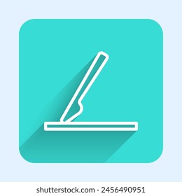 White line Medical surgery scalpel tool icon isolated with long shadow. Medical instrument. Green square button. Vector