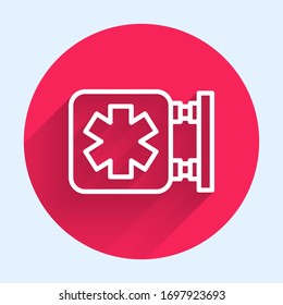 White line Medical symbol of the Emergency - Star of Life icon isolated with long shadow. Red circle button. Vector Illustration