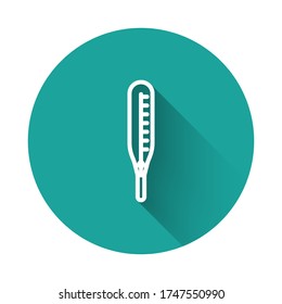 White line Medical thermometer for medical examination icon isolated with long shadow. Green circle button. Vector Illustration