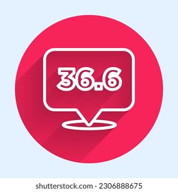 White line Medical thermometer showing normal temperature icon isolated with long shadow. Red circle button. Vector