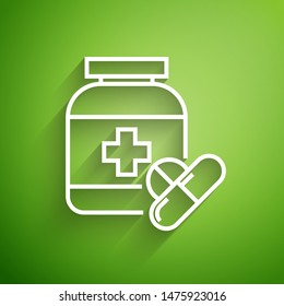 White line Medicine bottle and pills icon isolated on green background. Bottle pill sign. Pharmacy design.  Vector Illustration