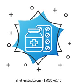 White line Medicine bottle and pills icon isolated on white background. Bottle pill sign. Pharmacy design. Blue hexagon button. Vector Illustration