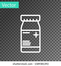 White line Medicine bottle and pills icon isolated on transparent background. Bottle pill sign. Pharmacy design.  Vector Illustration