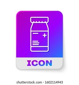 White line Medicine bottle and pills icon isolated on white background. Bottle pill sign. Pharmacy design. Rectangle color button. Vector Illustration